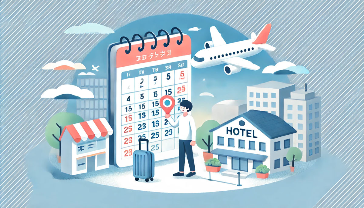 旅行を計画する人物と、飛行機・ホテル・カレンダー・スマホアプリが描かれたマイル活用イメージのイラスト