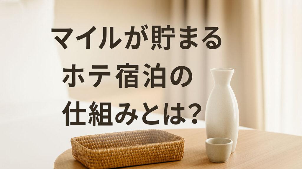 ホテル宿泊でマイルが貯まる仕組みを伝える日本語テキスト入り画像。自然光が差し込む室内に日本酒セットが置かれ、ナチュラルな配色と優しい雰囲気が特徴の構図。