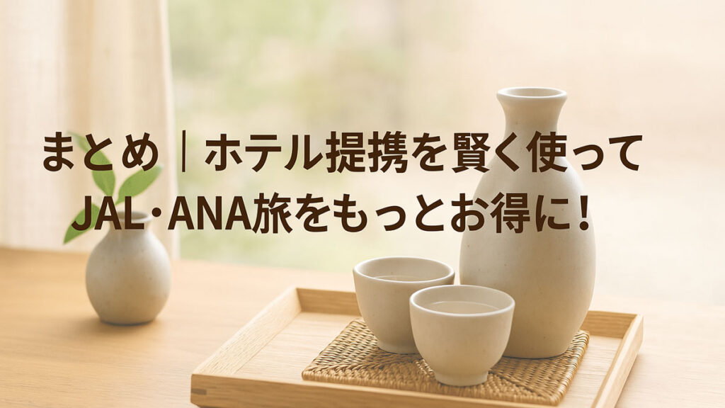 ホテル提携を活用してJAL・ANAの旅をもっとお得にするまとめを伝える日本語テキスト入り画像。木製テーブル上の日本酒セットとナチュラルな室内が優しい雰囲気を演出。