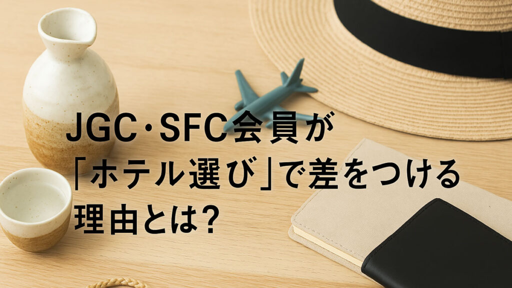 「JGC・SFC会員がホテル選びで差をつける理由を表現した、ナチュラルな配色の優しい雰囲気の画像。日本酒と旅小物が整然と並び、日本語テキスト『なぜJGC・SFC会員はホテル選びで差がつくのか？』が中央に配置されている。」