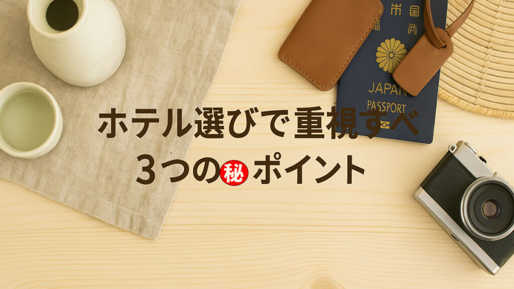 「ホテル選びで重視すべき3つのポイントを表現した優しい雰囲気の画像。日本酒やパスポート、カメラがナチュラルな背景に並び、日本語テキスト『三つのホテル選びのポイント』が中央に配置されている。」
