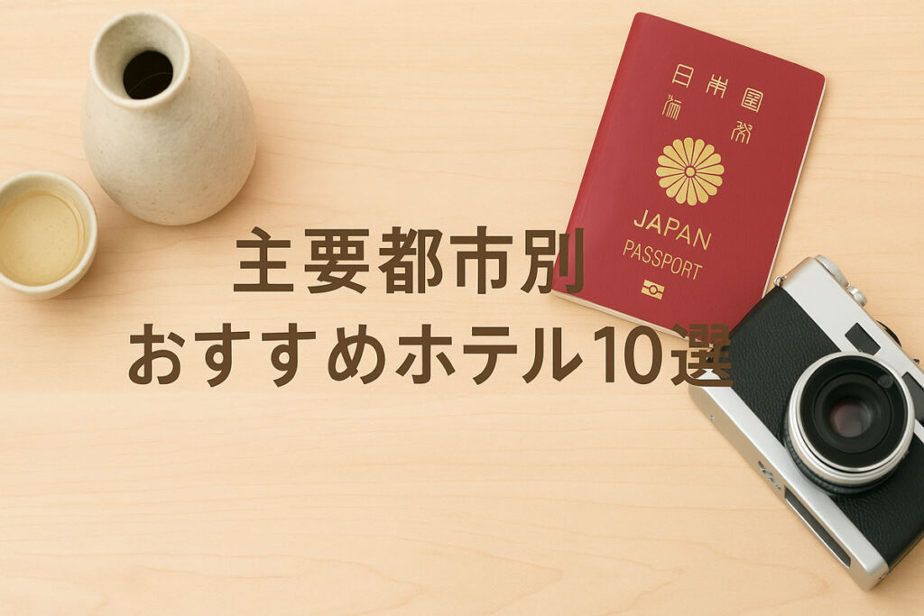 「主要都市別おすすめホテル10選を紹介するための、ナチュラルな配色で優しい雰囲気の16:9画像。日本酒セット、パスポート、カメラが整然と並び、日本語テキスト『主要都市別おすすめホテル10選』が中央に配置されている。」