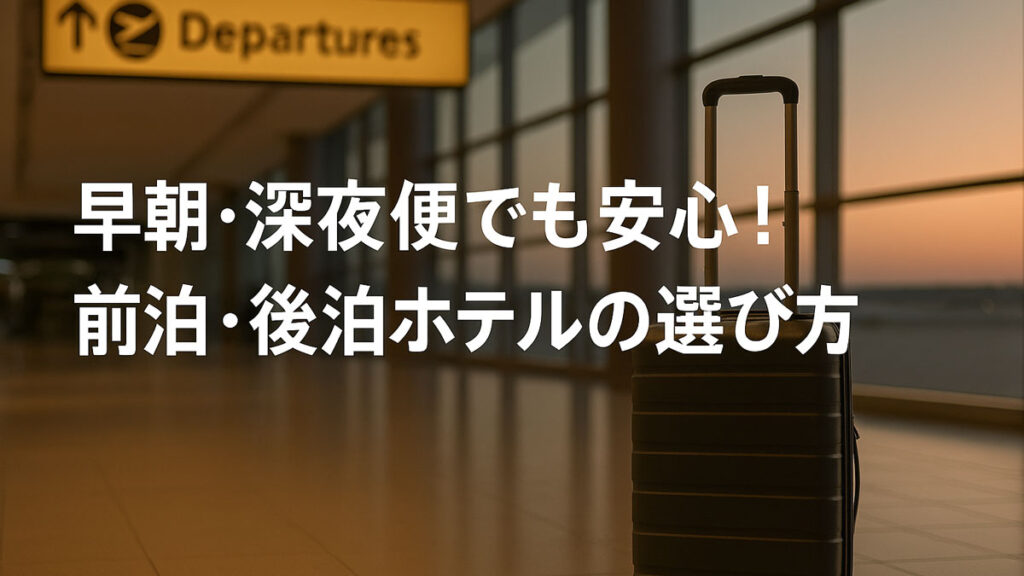 空港の出発ロビーでスーツケースが置かれ、朝焼けの光が差し込む中、「早朝・深夜便でも安心！前泊・後泊ホテルの選び方」という日本語テキストが中央に表示された画像。