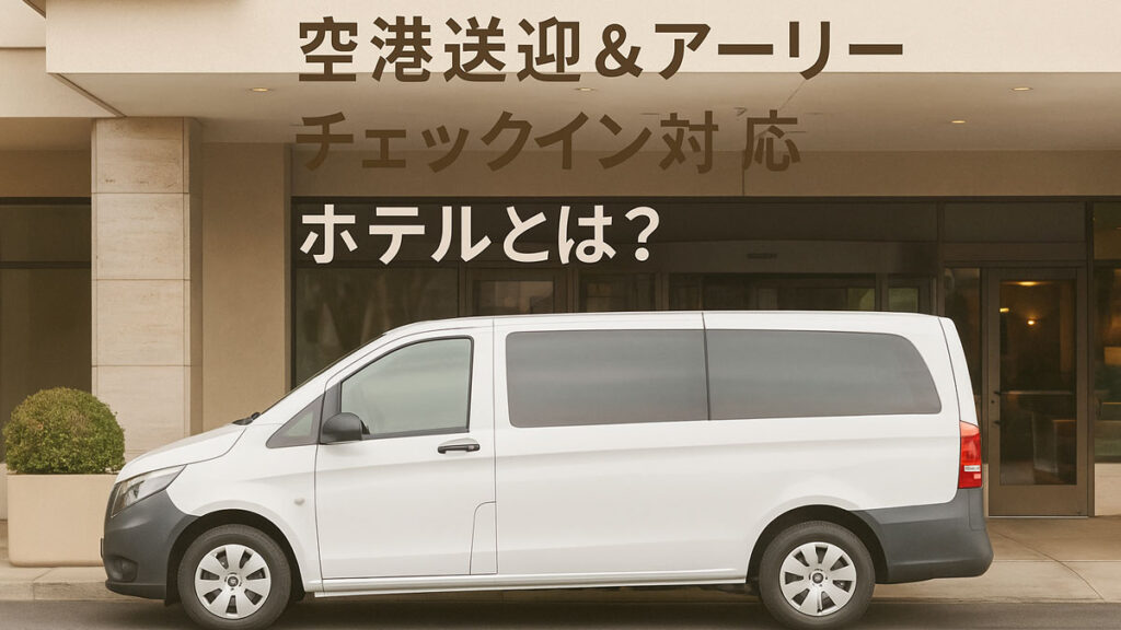 ホテルのエントランス前に停車する白い空港送迎バンを背景に、「空港送迎＆アーリーチェックイン対応ホテルとは？」という日本語テキストが右寄りに表示された画像。