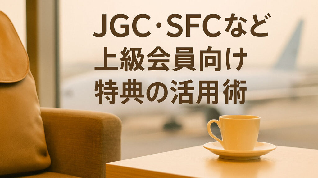 空港ラウンジの窓際にあるソファとコーヒーカップのあるテーブルを背景に、「JGC・SFCなど上級会員向け特典の活用術」という日本語テキストが中央右寄りに配置された画像。