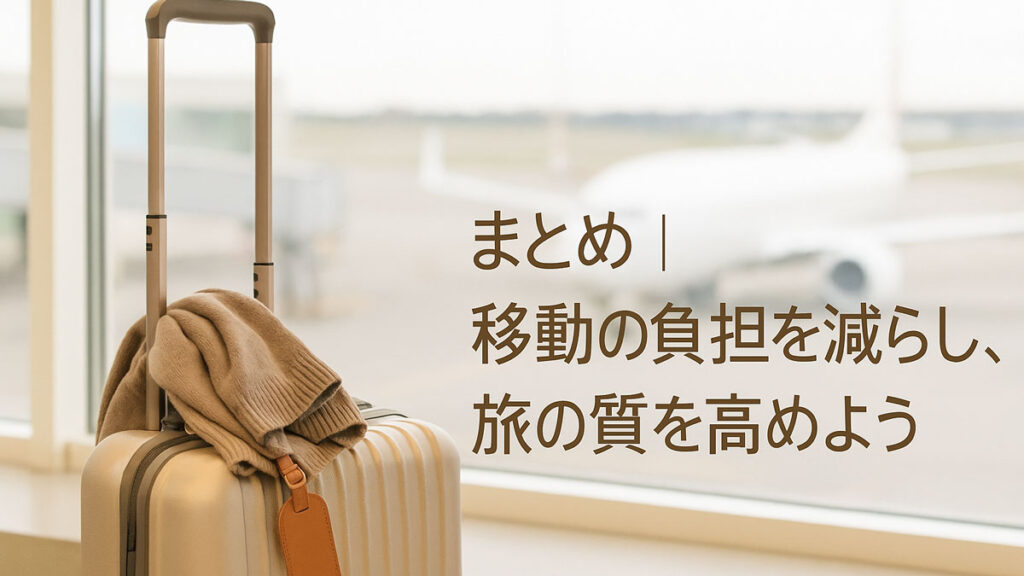 空港の窓際に置かれたベージュのスーツケースと上にかけられたセーターを背景に、「まとめ｜移動の負担を減らし、旅の質を高めよう」という日本語テキストが右寄りに配置された画像。