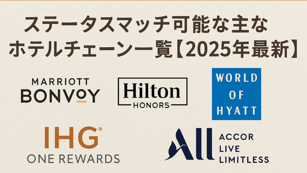 マリオット・ヒルトン・ハイアット・IHG・アコーのロゴを配置し、『ステータスマッチ可能な主なホテルチェーン一覧【2025年最新】』という日本語テキストが中央右寄りに配置された画像