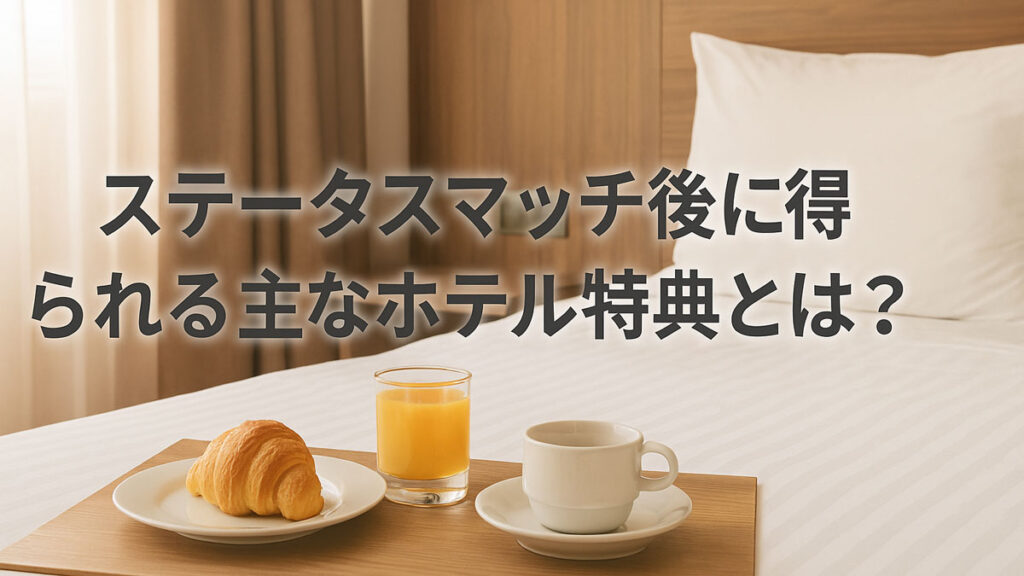 明るいホテル客室のベッド上に朝食トレイが置かれ、『ステータスマッチ後に得られる主なホテル特典とは？』という日本語のテキストが中央右寄りに配置された画像