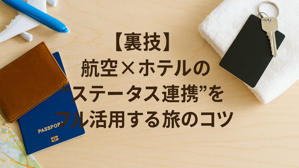 パスポートや地図、鍵付きルームカードなど旅行アイテムが並ぶ木のテーブル上に、『【裏技】航空×ホテルの“ステータス連携”をフル活用する旅のコツ』という日本語テキストが中央右寄りに配置された画像