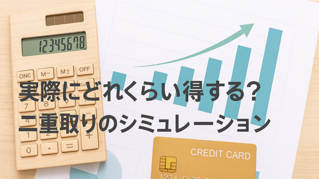 電卓とグラフ、クレジットカードが並び、「実際にどれくらい得する？二重取りのシミュレーション」と書かれた画像