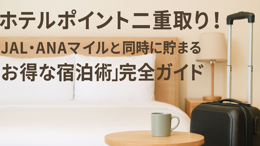 ホテルの客室にスーツケースとコーヒーカップが置かれたテーブルがあり、「ホテルポイント二重取り！JAL・ANAマイルと同時に貯まるお得な宿泊術完全ガイド」と書かれた画像