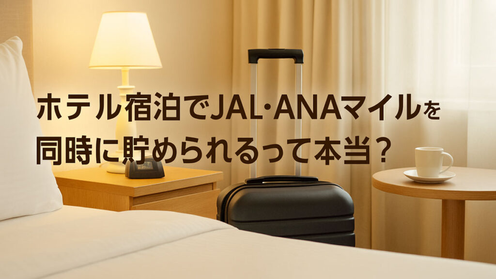 ホテルの客室にスーツケースとコーヒーカップが置かれ、「ホテル宿泊でJAL・ANAマイルを同時に貯められるって本当？」と書かれた画像