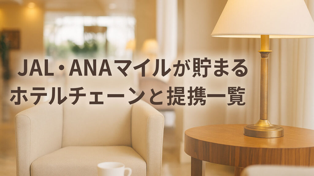 明るいホテルロビーにソファとテーブルが並び、「JAL・ANAマイルが貯まるホテルチェーンと提携一覧」と書かれた画像