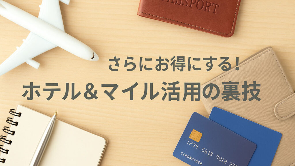 木目調のデスクにパスポート、飛行機模型、クレジットカード、ノートとペンが並び、「さらにお得にする！ホテル＆マイル活用の裏技」と書かれた画像