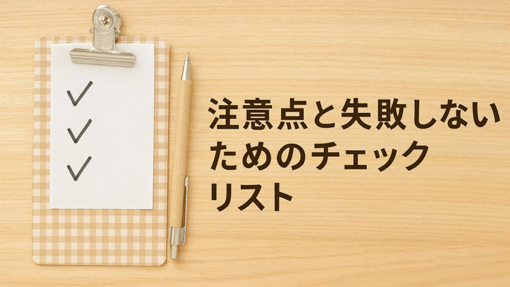 木目調のデスクにチェックリスト付きのクリップボードとペンが置かれ、「注意点と失敗しないためのチェックリスト」と書かれた画像