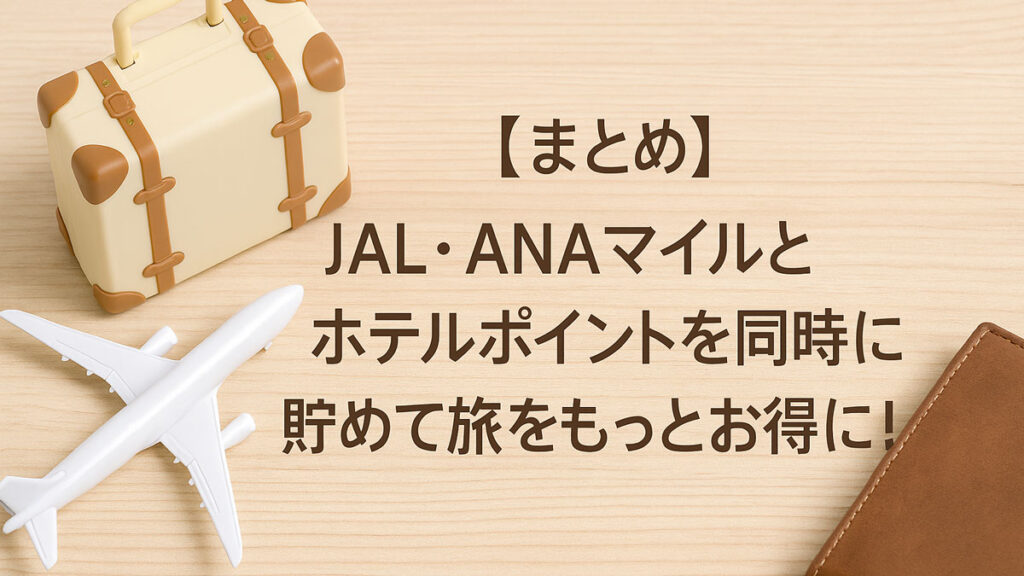 木目調のデスクにスーツケース模型と飛行機模型、財布が並び、「【まとめ】JAL・ANAマイルとホテルポイントを同時に貯めて旅をもっとお得に！」と書かれた画像