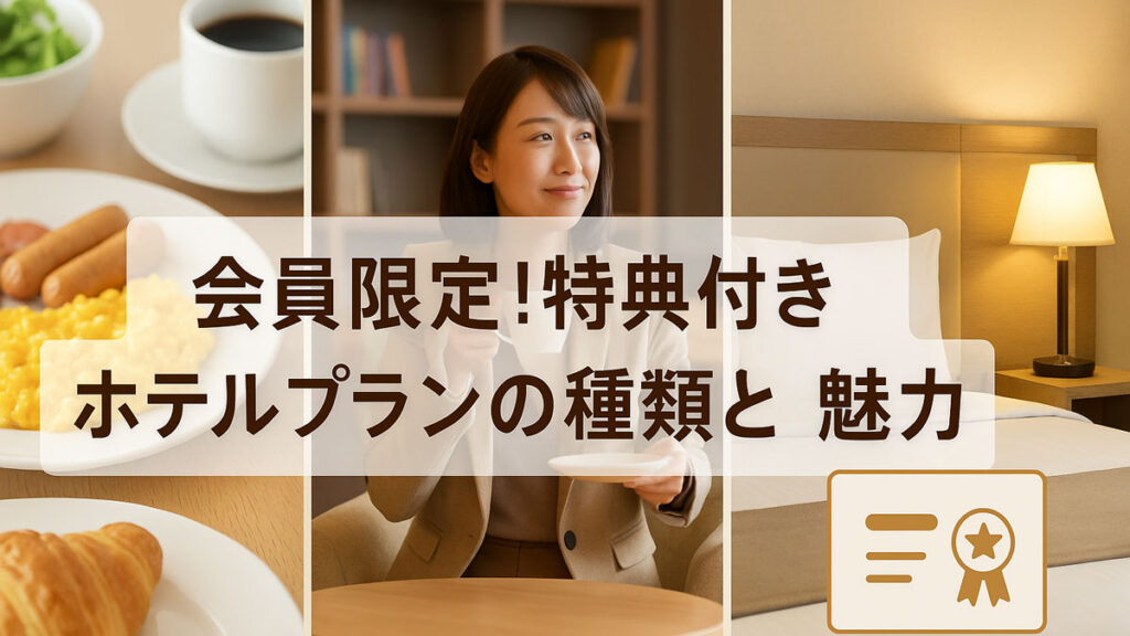 会員限定の特典付きホテルプランを紹介するバナー画像。朝食やラウンジ利用、快適な客室を背景に中央へ日本語テキスト入り。