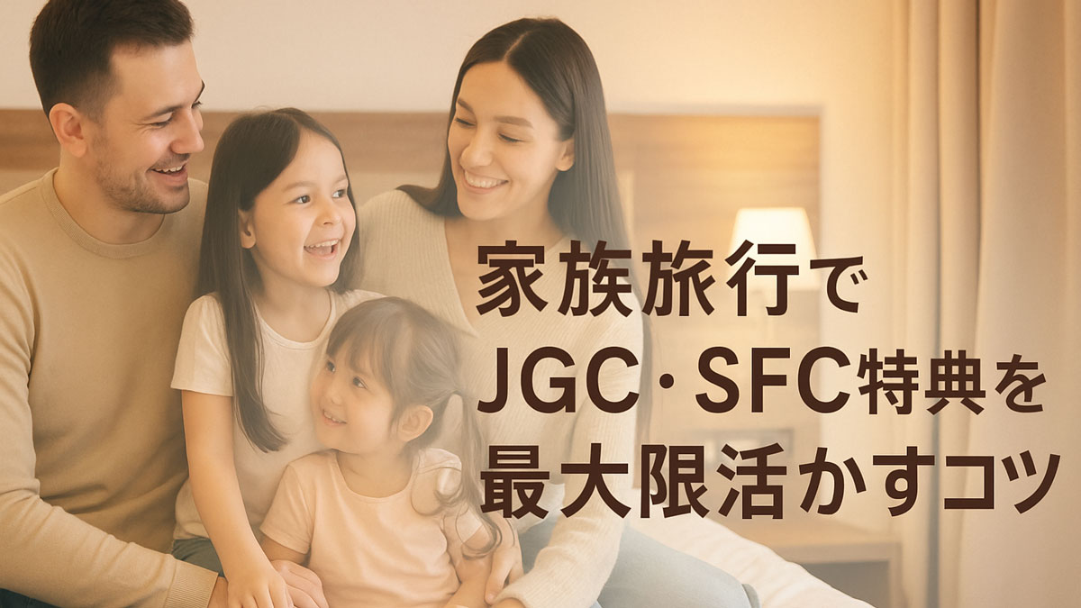 家族旅行でJGC・SFC特典を最大限活かす方法を解説するセクション用画像。ホテル客室でくつろぐ家族と「家族旅行でJGC・SFC特典を最大限活かすコツ」の日本語テキスト。