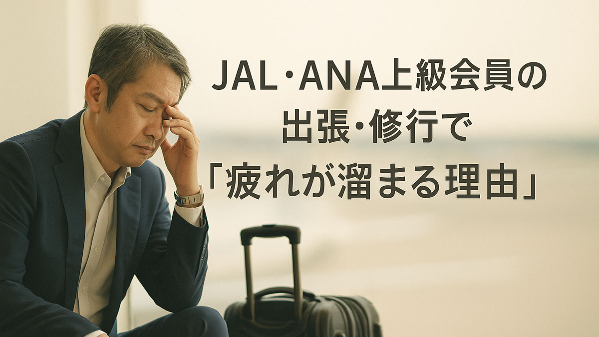 JAL・ANA上級会員が出張や修行で疲れが溜まる理由をイメージした空港で疲れたビジネスマンの写真