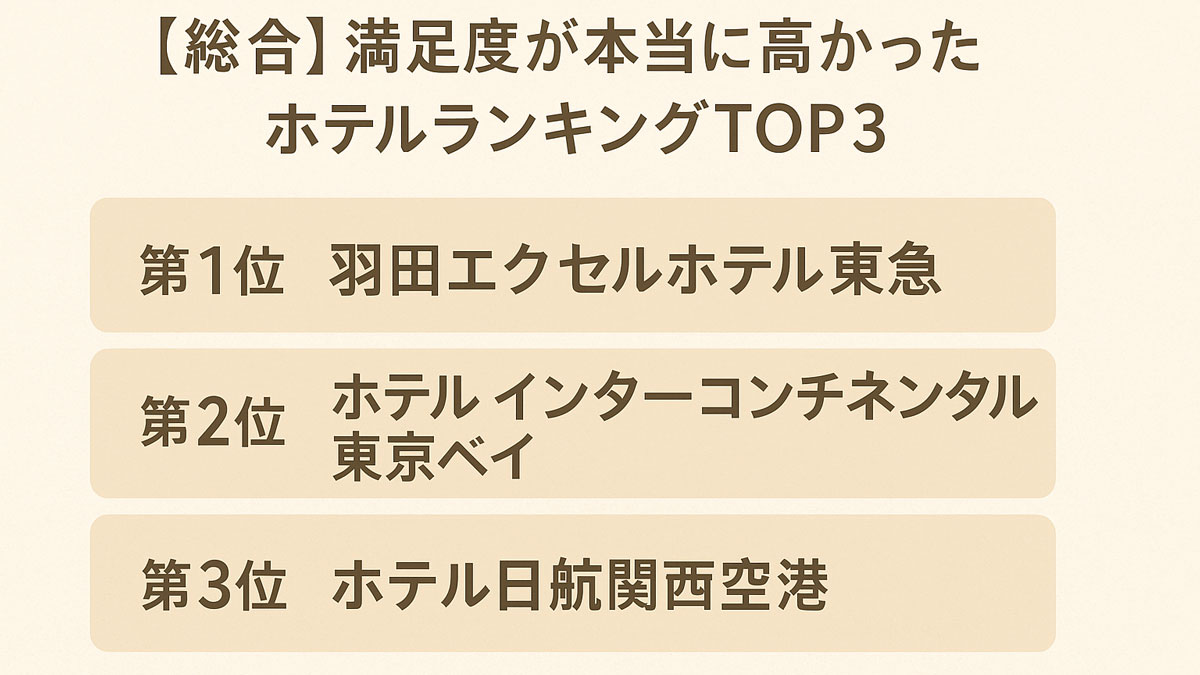 JAL・ANA上級会員の実体験をもとに選んだ満足度の高いホテルランキングTOP3の図。1位は羽田エクセルホテル東急、2位はホテル インターコンチネンタル 東京ベイ、3位はホテル日航関西空港。