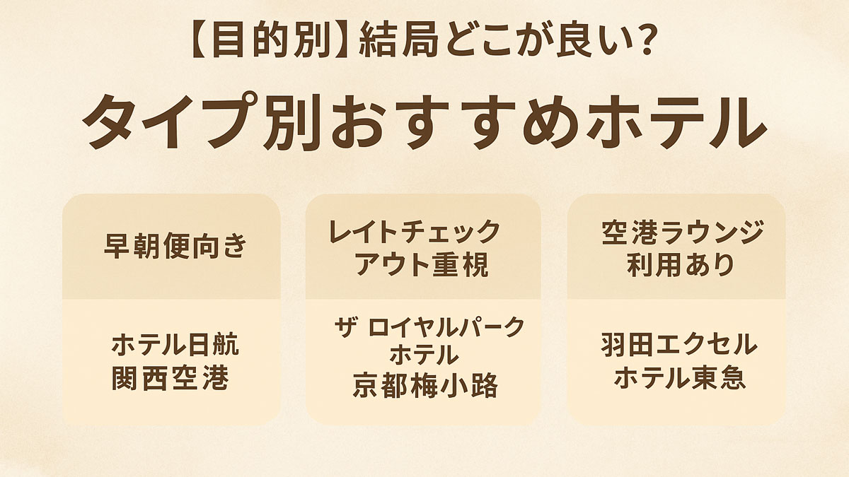 目的別におすすめのホテルを整理した図。早朝便向き、レイトチェックアウト重視、ラウンジ利用重視など、JAL・ANA上級会員の利用シーン別に最適なホテルを紹介している。